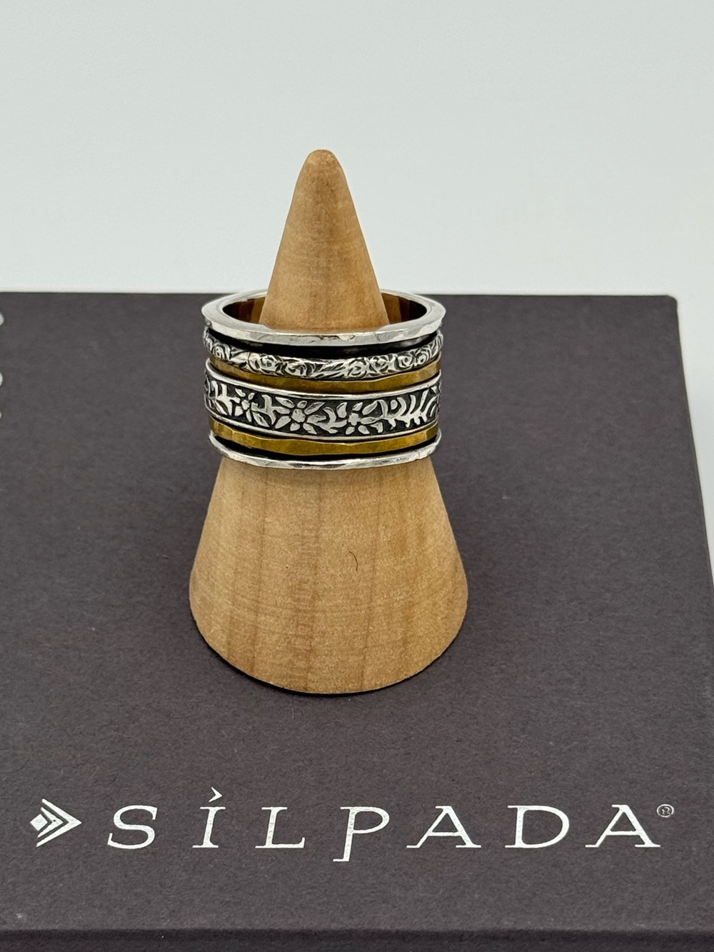 Silpada 925 Sz 10 Sterling Silver Brass Spinner Twirl Floral Ring R2293 Boho